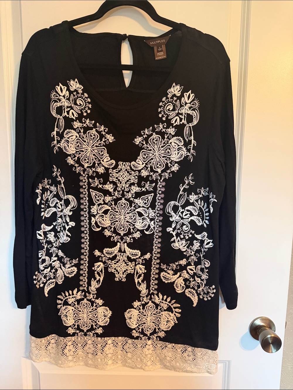 Multiples Black Long-Sleeve Embroidered Lace-Hem Top